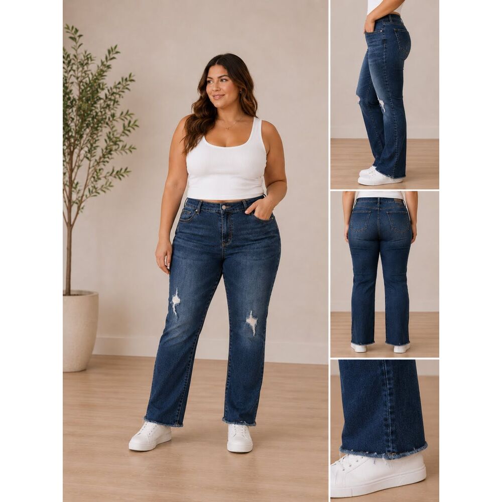 Torrid Boyfriend Straight Jeans 14 Blue Distressed Frayed Rise Stretch Denim
